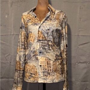 Kennington Cali Vintage 1970s Collared Shirt Art town print Rare size Small